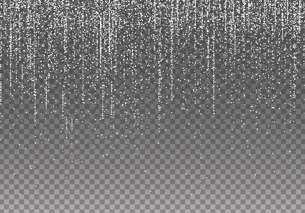 Vector white silver glitter garlands hanging vertical lines. falling confetti lights isolated on black background. luxury glowing texture.