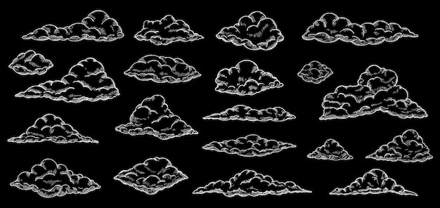 Vector white sketch clouds hand drawn cloud sky cloudscape outline sketching narture vintage vector collection