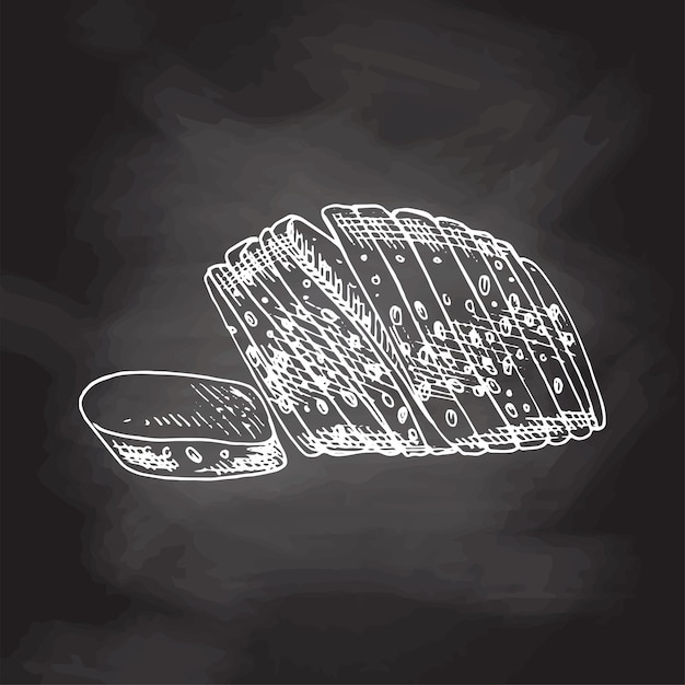 검은 칠판 배경에 분리된 얇게 썬 빵 한 덩어리의 흰색 스케치