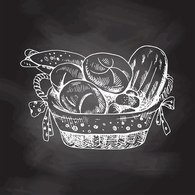 검은 칠판 배경에 고립 된 빵과 고리 버들 세공 바구니의 흰색 스케치