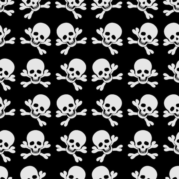 White skull and crossbones Repeating pattern Pirate symbol seamless ornament Black background