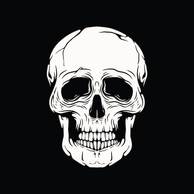 A white skull with a black background and the word skull on it.