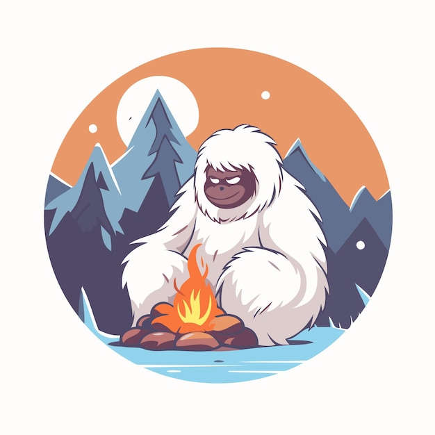 White sloth on bonfire in the mountains Vector illustration