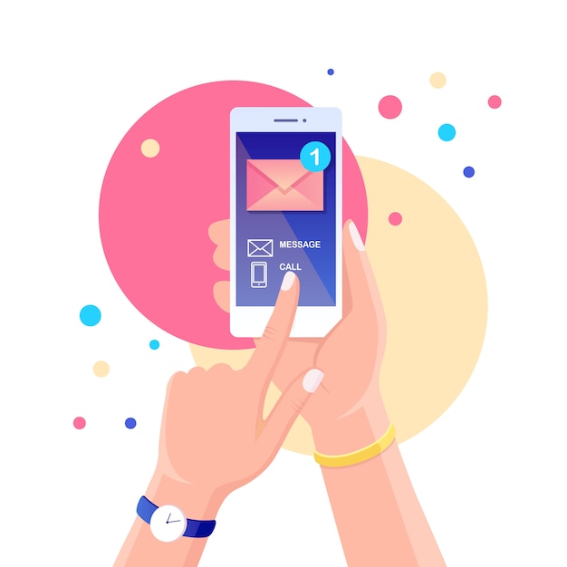 画面上のメッセージ通知と白いスマートフォン。新着メールに関する携帯電話アラート。漫画デザイン