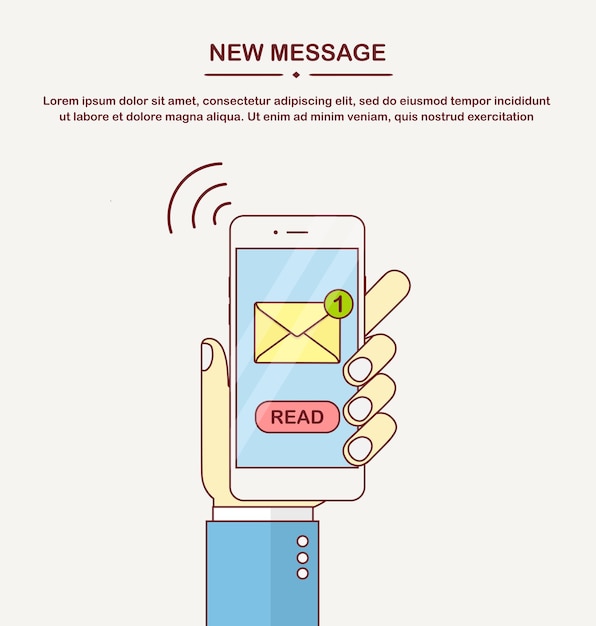 ベクトル 画面にメッセージ通知が表示された白いスマートフォン。新しいメールに関する携帯電話のアラート