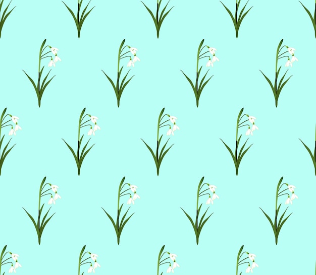 White Snowdrop Seamless on Green Mint Background