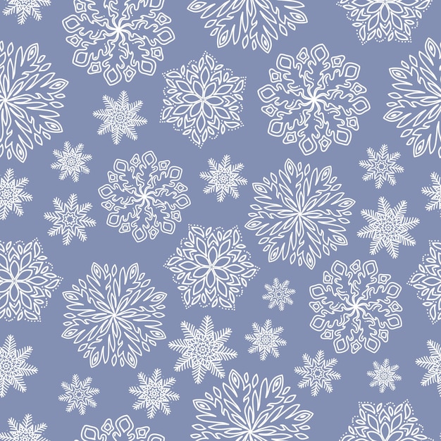 White snowflakes on blue background seamless holiday vector pattern.