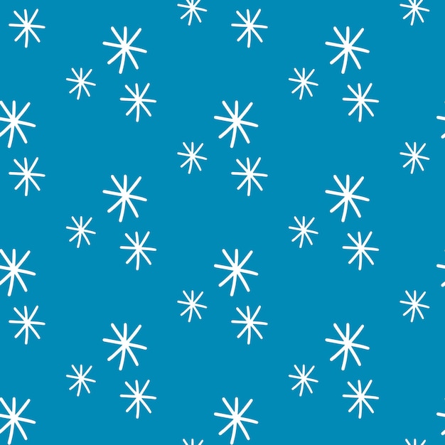 White snowflakes on blue background Seamless pattern in scandinavian modern style Ornament for fabric wallpaper packaging cards wrapping paper Vector stock illustration