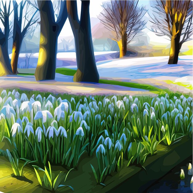 Vector white snowy easter flowers with fresh green leaves in a spring sunny forest delicate snowdrops the