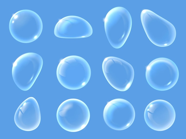 Вектор Белые мыльные пузыри крупным планом стеклянные и прозрачные капли воды абстрактные формы пены и чистый прозрачный шар изолированный макровекторный набор иллюстраций прозрачной мыльной воды реалистично