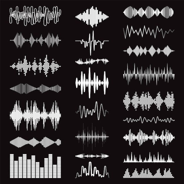 White sound waves logo collection on black background Modern music equalizer elements set Digital flat isolated audio symbols Vector waveform technology