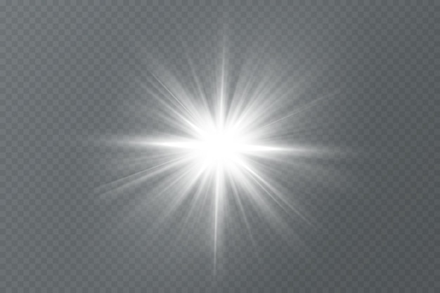 白い輝き。明るい星。グロー バースト。透明な背景に太陽の光。