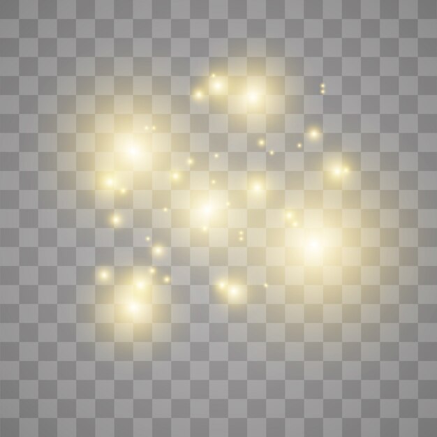흰색 불꽃과 황금 별이 특별한 조명 효과를냅니다. 투명 배경에 반짝. 반짝이는 마법 먼지 입자