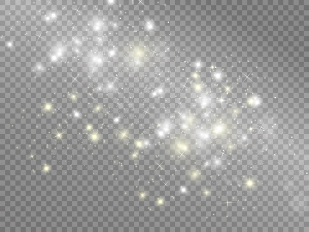 Scintille bianche e stelle dorate brillano con uno speciale effetto di luce. brilla su sfondo trasparente. modello astratto. particelle di polvere magica scintillante