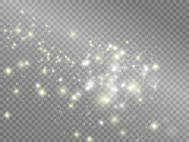 White sparks and golden stars glitter special light effect.  sparkles on transparent background. abstract pattern. Sparkling magic dust particles