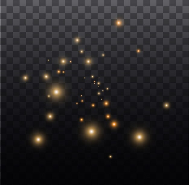 Scintille bianche e stelle dorate brillano con uno speciale effetto di luce. brilla su sfondo trasparente. particelle di polvere magica scintillante.