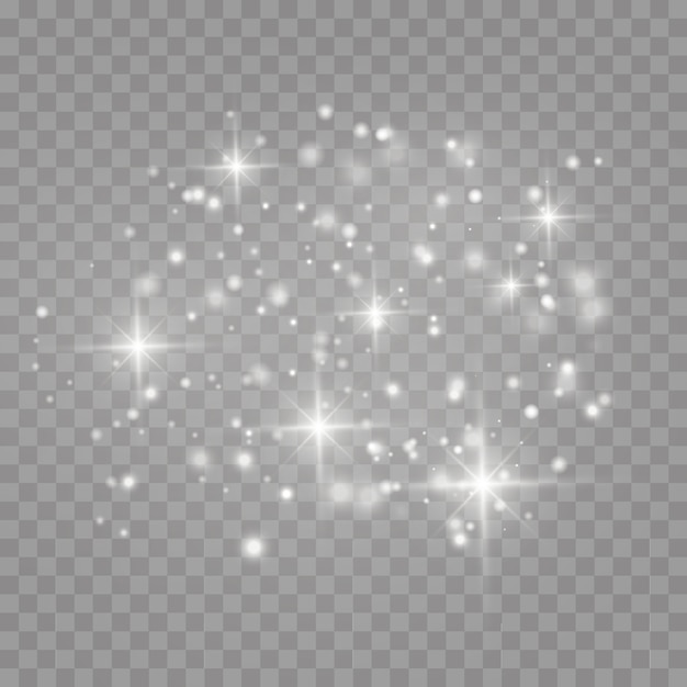 Scintille bianche e stelle dorate brillano con uno speciale effetto di luce. brilla su sfondo trasparente.