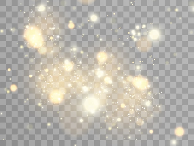 White sparks and golden stars glitter special light effect. Sparkles on transparent background.