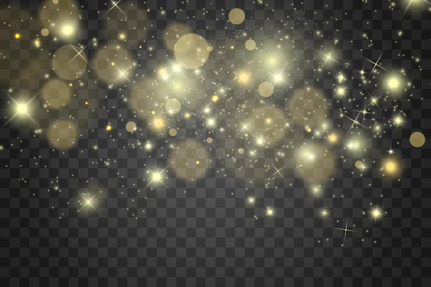 White sparks and golden stars glitter special light effect on transparent background.