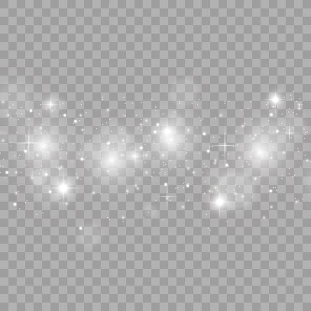 Scintille bianche e stelle dorate brillano con effetti di luce speciali. il vettore brilla su sfondo trasparente