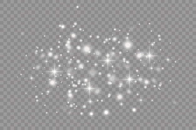 Scintille bianche e stelle dorate brillano effetto luce speciale scintille vettoriali su sfondo trasparente modello astratto di natale particelle di polvere magica scintillante