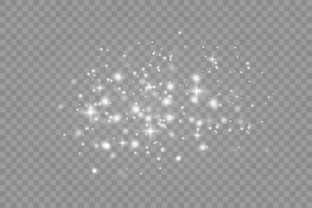 Scintille bianche e stelle dorate brillano effetto luce speciale scintille vettoriali su sfondo trasparente modello astratto di natale particelle di polvere magica scintillante