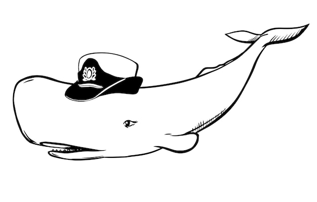 Vector a white sperm whale in a womens uniform naval cap creative illustration of a female sperm whale in the role of an official caricature of the officer corps old school tattoo sketch tshirt prints