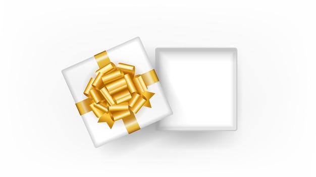 Scatola regalo quadrata bianca aperta decorata con fiocco dorato su sfondo bianco vista dall'alto.