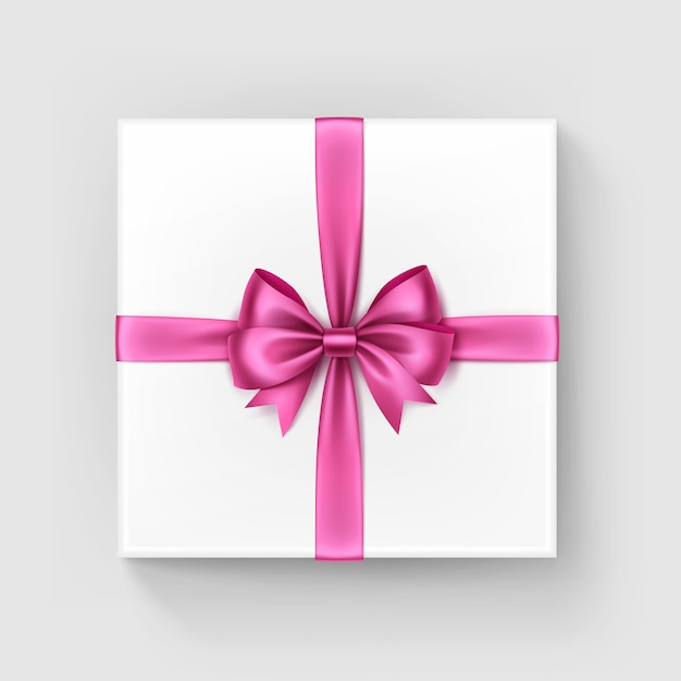  White Square Gift Box with Shiny Light Bright Pink Satin Bow and Ribbon Top View Close up Isolated on White Background