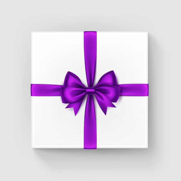 White Square Gift Box with Shiny purple Ribbon, Top View