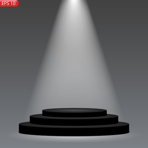 The white stage podium with shining spotlight in the black background vector