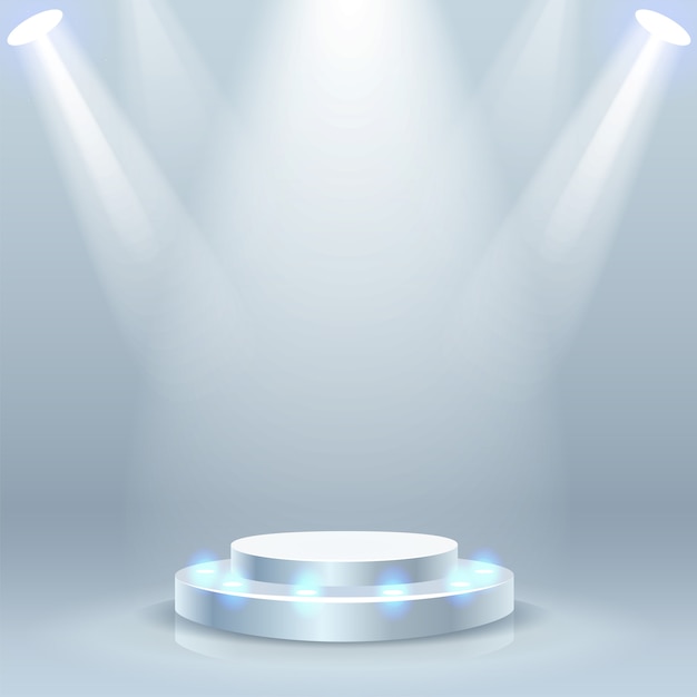 White stage podium with spotlight background