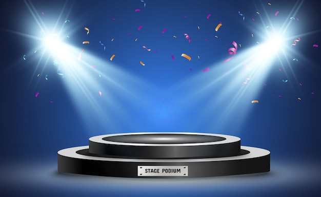 Vector white stage with spotlights. illustration of a light with sparkles on a transparent background.