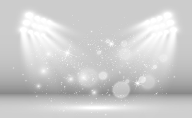 White stage with spotlights of a light with sparkles on a transparent background