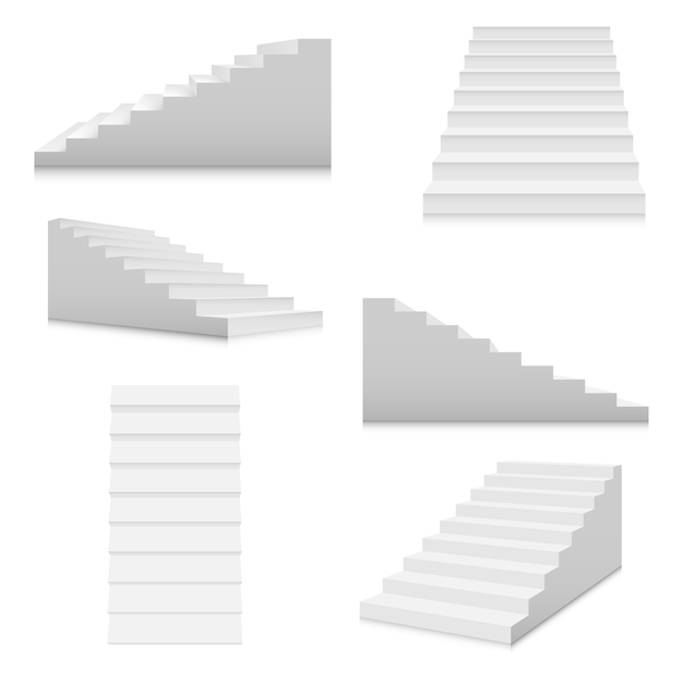 Набор шаблонов белые лестницы. Внутренние лестницы в мультяшном стиле на белом фоне. Современная концепция домашней лестницы
