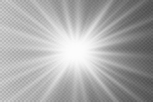 白い星の光とスポットライト 太陽の光 透明な背景に現実的な輝く光が爆発します