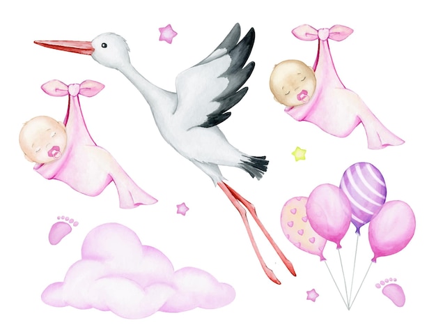 White, stork, babies, sleeping, wrapped in a sheet, cloud, balloons, stars. watercolor set.