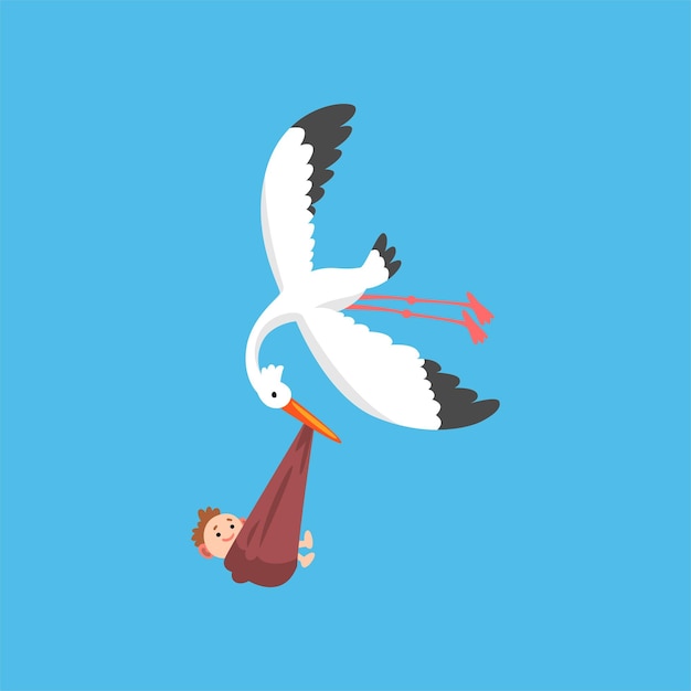 Белый аист доставляет новорожденного летящую птицу, несущую связку с улыбающимся ребенком. шаблон для детского душа, баннер, приглашение, плакат, поздравительная открытка, векторная иллюстрация в плоском стиле