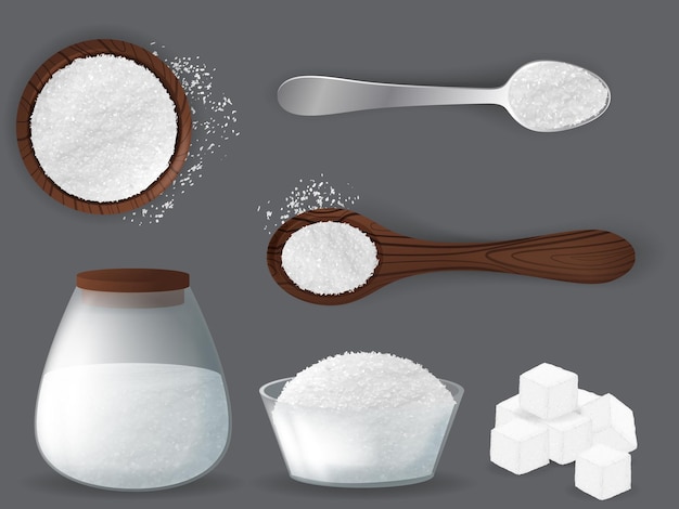 Vector white sugar set with piles and cubes realistic white grain sugar in spoon pile top and side views