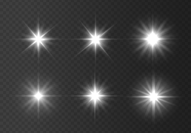 White sun sparkles Bright flash Lighting flare Set glowing light effect Glitter star sparks Vector