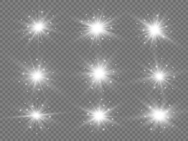 Белое солнце сверкает Яркая вспышка Вспышка освещения Набор светящихся световых эффектов Блестящие звездные искры Вектор