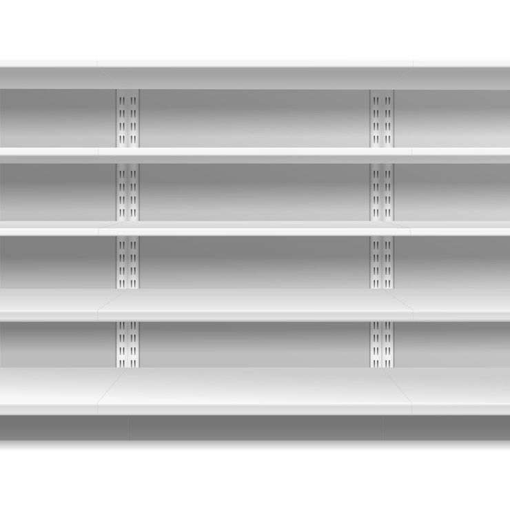 Vector white supermarket retail rack display shop shelving blank seamless shelves empty store showcase