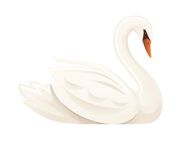 白い白鳥の最大の空飛ぶ鳥は、白い背景で隔離の水漫画動物デザインフラットベクトルイラストで泳ぐ。