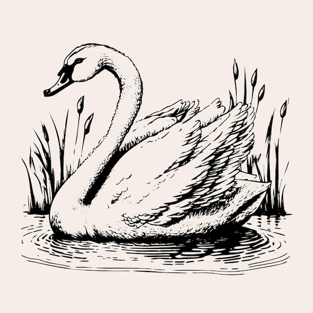 White swan on a pond handdrawn realistic sketch vector illustration