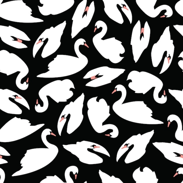 Vector white swan seamless pattern on black background