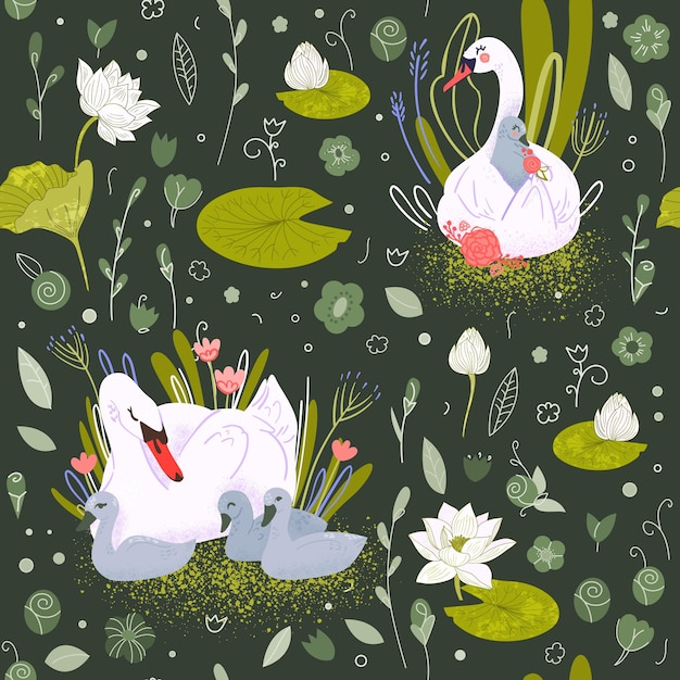 Vector white swans bird in water lilies children wallpaper vector seamless pattern with swan family