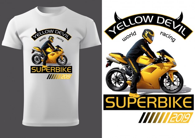 Vettore design t-shirt bianca con motociclista