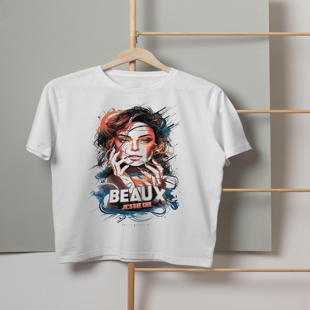 a white t shirt with a woman on it is hanging on a hanger