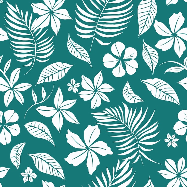 Vector white and teal hawaiian floral pattern with flowers and tropical leaves