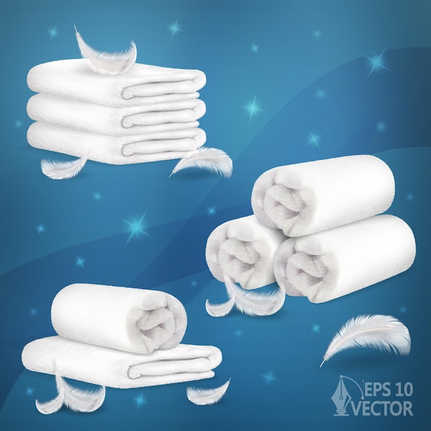 Вектор Белые махровые и мягкие полотенца, свернутые и сложенные, воздушные перья, кристально чистый реалистичный векторный значок